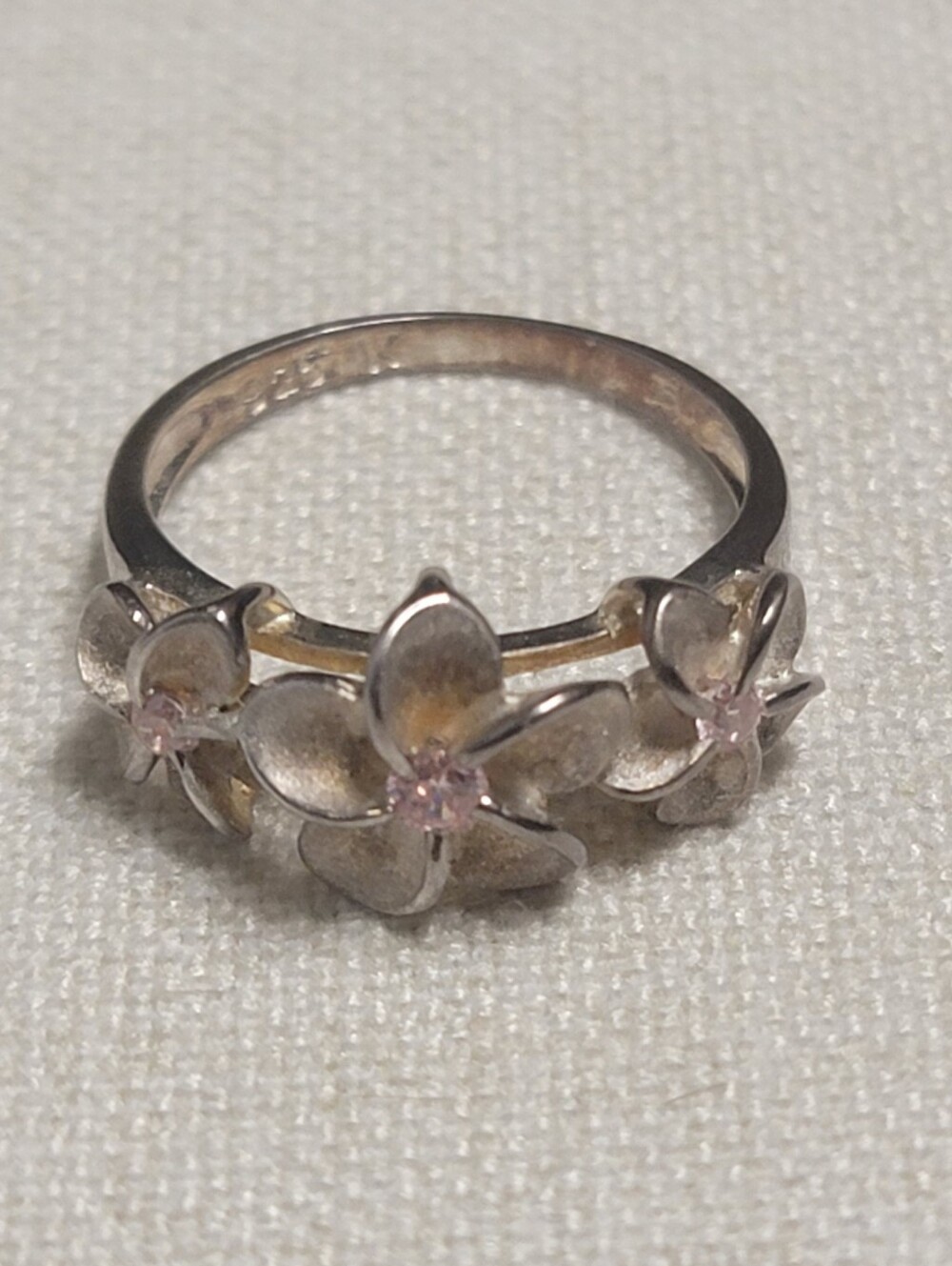 925 Sterling Silver Hawaiian Triple Plumeria Flower Ring Pink CZ Size 5